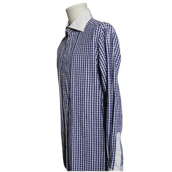 ETON SZ 16.5  Blue & White Gingham Men's Long Sleeve Button Up Shirt - Picture 6 of 7